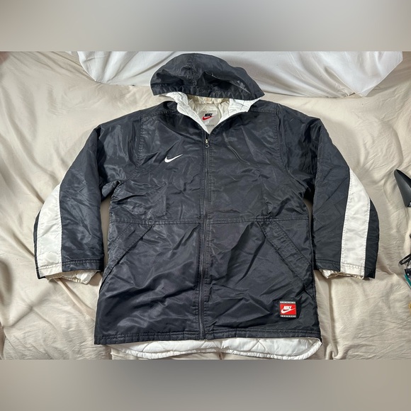 Nike Y2K Full Zip Puffer Jacket Youth XL Black White Stained Vtg 90s White Tag